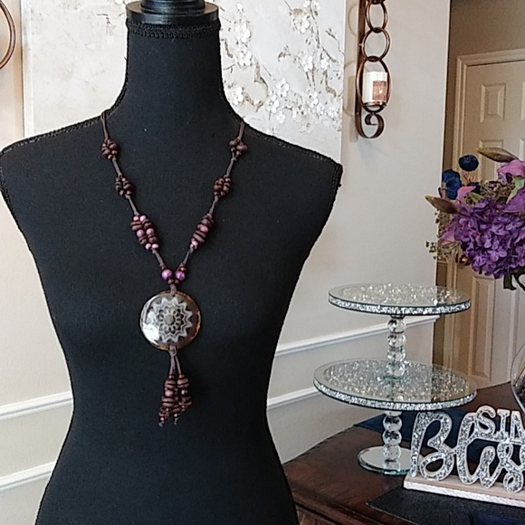 Coffee Bean Necklace With Floral Disk Pendant - Picture 16 of 17